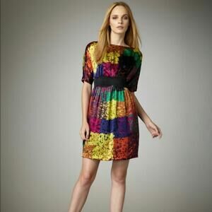 Trina Turk Shanghai Rainbow Splatter Belted Silk Dress Size 2